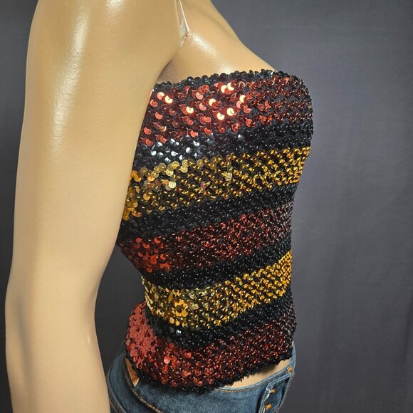 Vintage 70s 80 Disco Sequin Tube Top Size L Strapless Striped Brown Black Gold - Picture 7 of 8